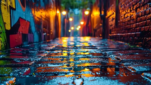 Vibrant reflections in a rain soaked urban alley
