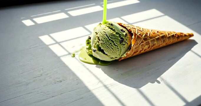 Melting green tea ice cream cone on a sunlit surface with shadows creating a pattern