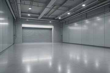 Modern industrial interior background with empty space on concrete floor, aluminum composite wall, shutter door, pipe system and ceiling lights suit for warehouse, factory or production space concept.