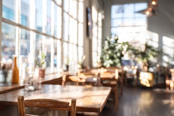 A sunlit cozy cafe interior with wooden tables and chairs, large windows, and plants creating a warm and inviting atmosphere.