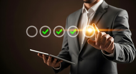 Businessman in suit touching a holographic interface with five green checkmarks, holding a tablet, symbolizing task completion or approval process.