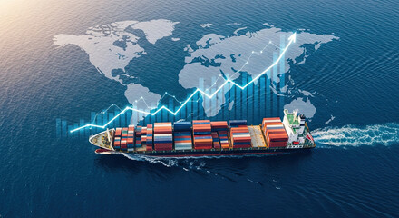 Aerial view of cargo ship transport containers across sea at evening, overlay global map and rising graph. Concept of growing global business, international trade and expanding import-export.