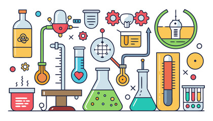 Colorful flat design illustration of a science laboratory with various equipment and experiments