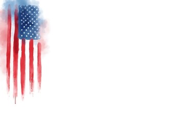 Watercolor U.S. flag flowing down left side with soft strokes and space for copy, space