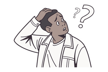 Confused young man scratching his head with question marks floating around him expressing uncertainty and bewilderment in a simple line art style