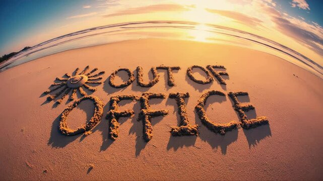 Warm sunlight illuminating hand scrawled 'out of office' message etched in golden sand, representing workplace escape beside peaceful coastal waters
