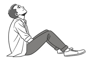 Stylized illustration of a young man in casual attire sitting down and looking upwards with a thoughtful or hopeful expression