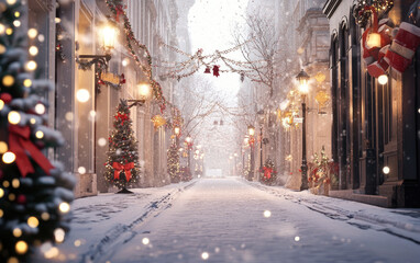 Old narrow urban street in a dark winter city night with warm building lights