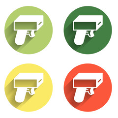 Set Money gun icon isolated with long shadow background. Shoot the toy gun with money. Cash machine gun. Color circle button. Vector