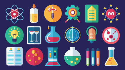 Collection of colorful flat icons representing science research and discovery