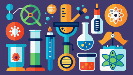 Colorful flat design science and laboratory equipment illustration with atoms and molecules