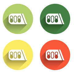 Set Drum machine music producer equipment icon isolated with long shadow background. Color circle button. Vector