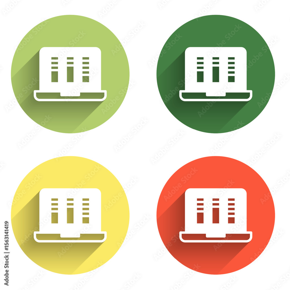 Poster set sound or audio recorder or editor software on laptop icon isolated with long shadow background. 