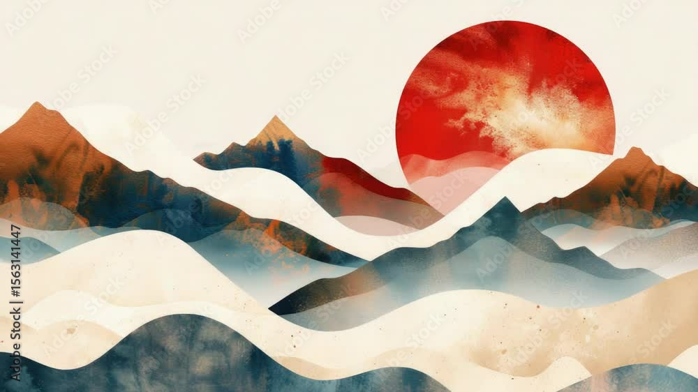 Poster mountain landscape with a red sun setting behind the peaks, suitable for use in travel or adventure-