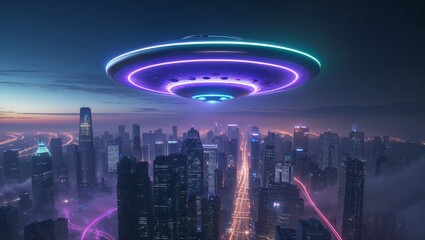 A neon-lit UFO hovers over a modern cityscape at twilight, creating a vibrant, futuristic scene.