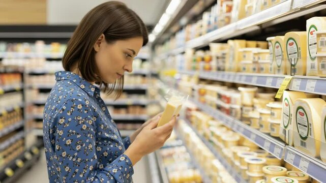 Grocery Shopping Experience Woman Analyzing Product Labels Supermarket Aisle Food Content Bright Indoor Environment Close-Up View Consumer Awareness