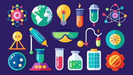 Collection of colorful flat design science and education icons on a dark background
