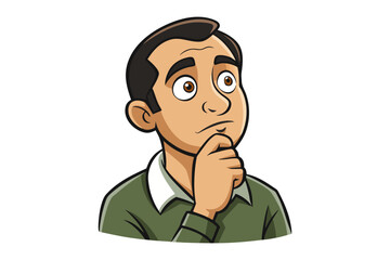 Cartoon man with brown hair and eyes wearing a green shirt thoughtfully touching his chin with his finger