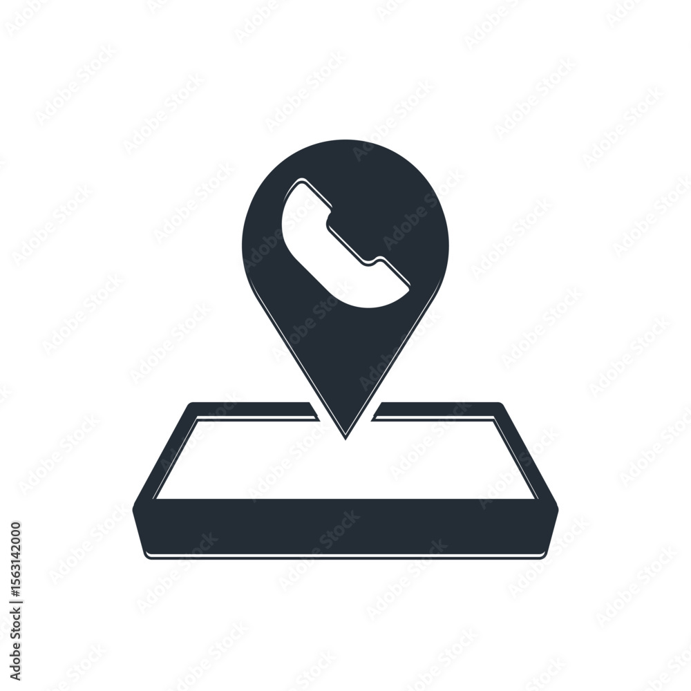 Poster black map pointer with telephone or communication icon isolated on white background. call center loc