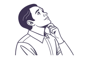 Thoughtful man in a button up shirt gazing upwards with hand on chin contemplating ideas or solutions