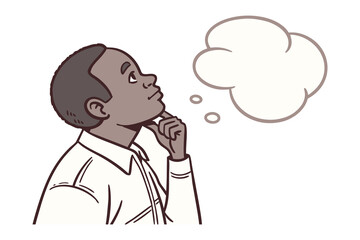 A thoughtful young man with dark skin gazes upwards with his hand on his chin contemplating an empty thought bubble above his head