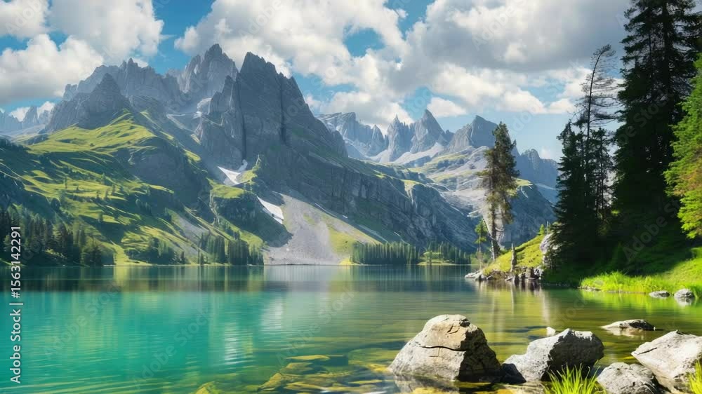Poster a serene lake scene with a mountain range in the distant background, suitable for use as a calm atmo