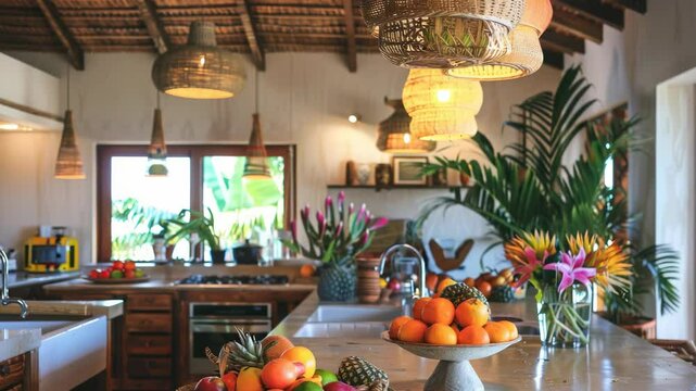 Tropical rustic kitchen with fresh produce
