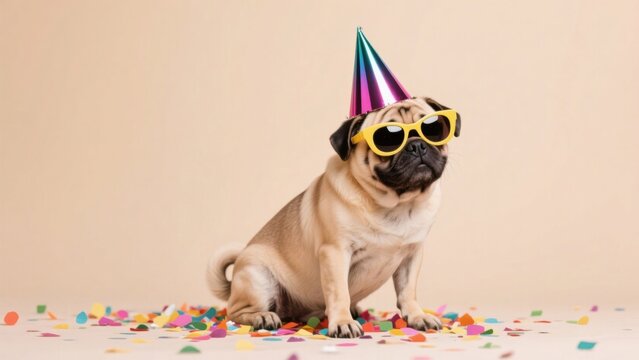 A cute pug celebrates a festive occasion wearing sunglasses and a colorful party hat, sitting among confetti against a neutral background .