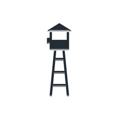 Black Watch tower icon isolated on white background. Prison tower, checkpoint, protection territory, state border, military base. Vector