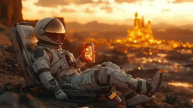 Astronaut resting on alien planet at sunset.