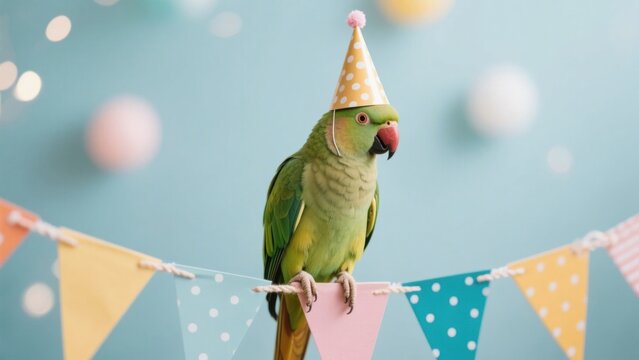 A charming portrait of a green parrot wearing a party hat and perched on a colorful bunting, creating a celebratory atmosphere and evoking a sense of joy and festivity . - Powered by Adobe