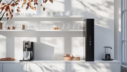 Bright kitchen with coffee maker, appliances, and shelves. Sunlight streams in, casting shadows