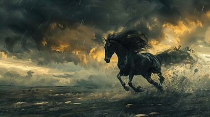 A dark horse gallops across a field under a bright blue sky before a thunderstorm.