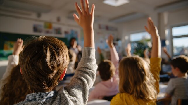 Children engaged in classroom learning with raised hands