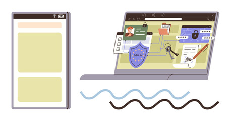 Mobile device with notifications alongside a laptop displaying GDPR shield, lock, document, and encryption visuals. Ideal for data protection, cybersecurity, online privacy, GDPR compliance, secure