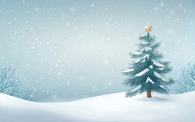 A festive winter landscape illustration with a snow-covered Christmas tree, perfect for holiday season celebrations and New Year's cards