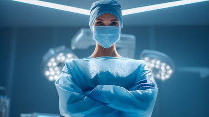Confident female surgeon adjusting gloves before robotic surgery, futuristic operating room, dramatic shadows and modern lighting 
