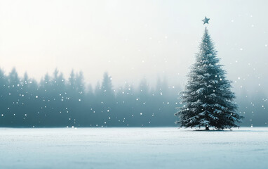 A festive winter landscape unfolds with snow-covered pine trees and twinkling snowflakes under a night sky, perfect for a holiday celebration card