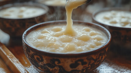 Cold boozy Makgeolli served in ceramic cup with visible rice sediment, traditional Korean rice wine on neutral textured background