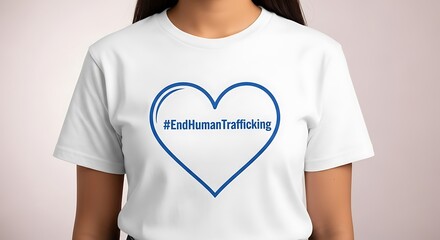 Woman Wearing "End Human Trafficking" T-Shirt, Heart Symbol, Social Awareness.
