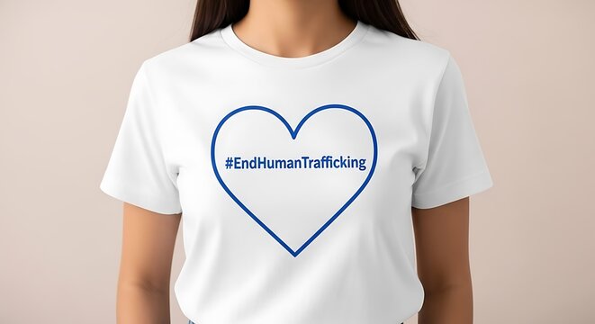 Simple White T-Shirt, Bold Blue Heart, Human Trafficking Awareness - Powered by Adobe