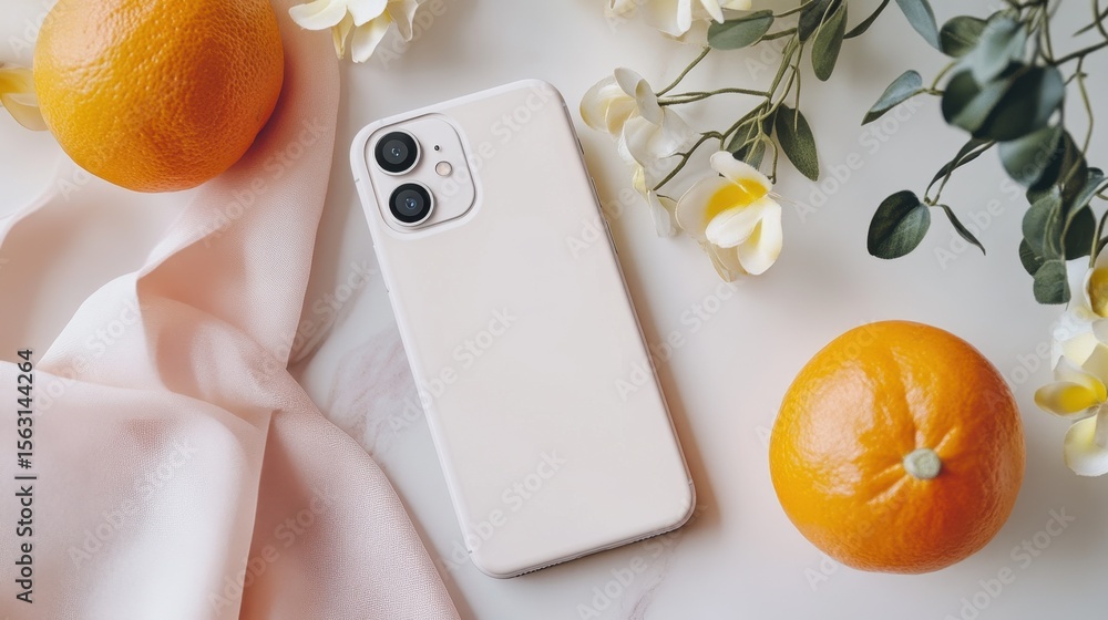 Poster a stylish smartphone placed on a soft fabric backdrop, accompanied by fresh oranges and delicate flo