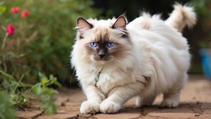 Beautiful Ragdoll cat walking in the garden