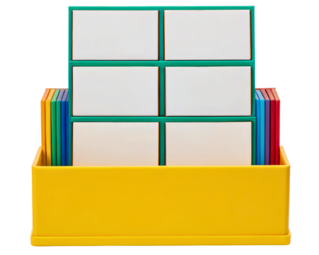 Colorful learning blocks neatly stored in plastic bin for early education on a transparent background