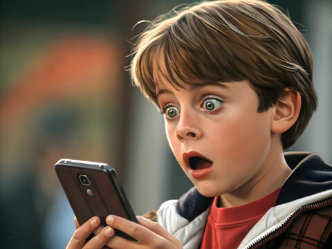 A young boy is intently looking at a smartphone screen symbolizing the potential dangers children face online