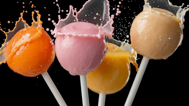 Colorful ice cream pops with splashes of milk, showcasing vibrant flavors and textures, arranged on sticks against a dark background, creating a playful and appetizing visual experience