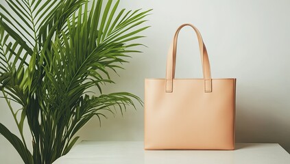 Light beige tote bag beside a potted palm tree
