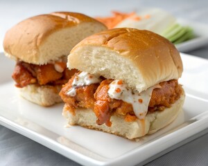 Cut Buffalo Chicken Slider Showing Inside Spicy Sauce and Creamy Filling