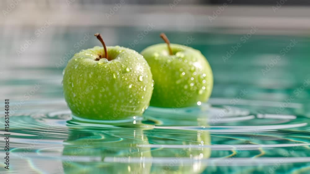 Poster two fresh green apples with water droplets floating on the surface of a tranquil pool, creating ripp