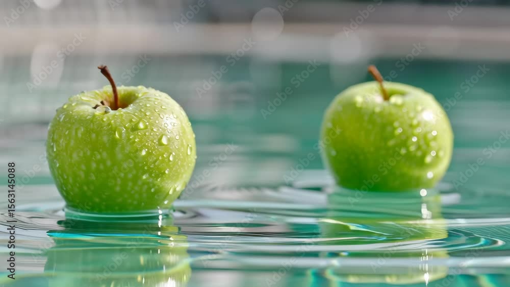 Poster fresh green apples with droplets floating on tranquil water surface, creating ripples and reflection